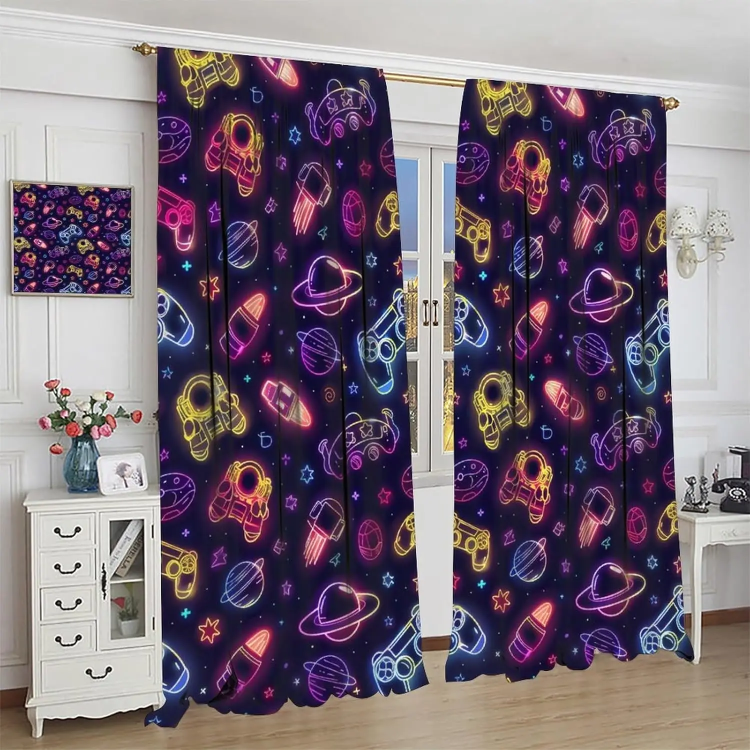 Neon Gamepad Curtains, Fantastic Glitter Colorful Game Controller Astronaut Planet Star Pattern Window Treatments, Blackout Rod
