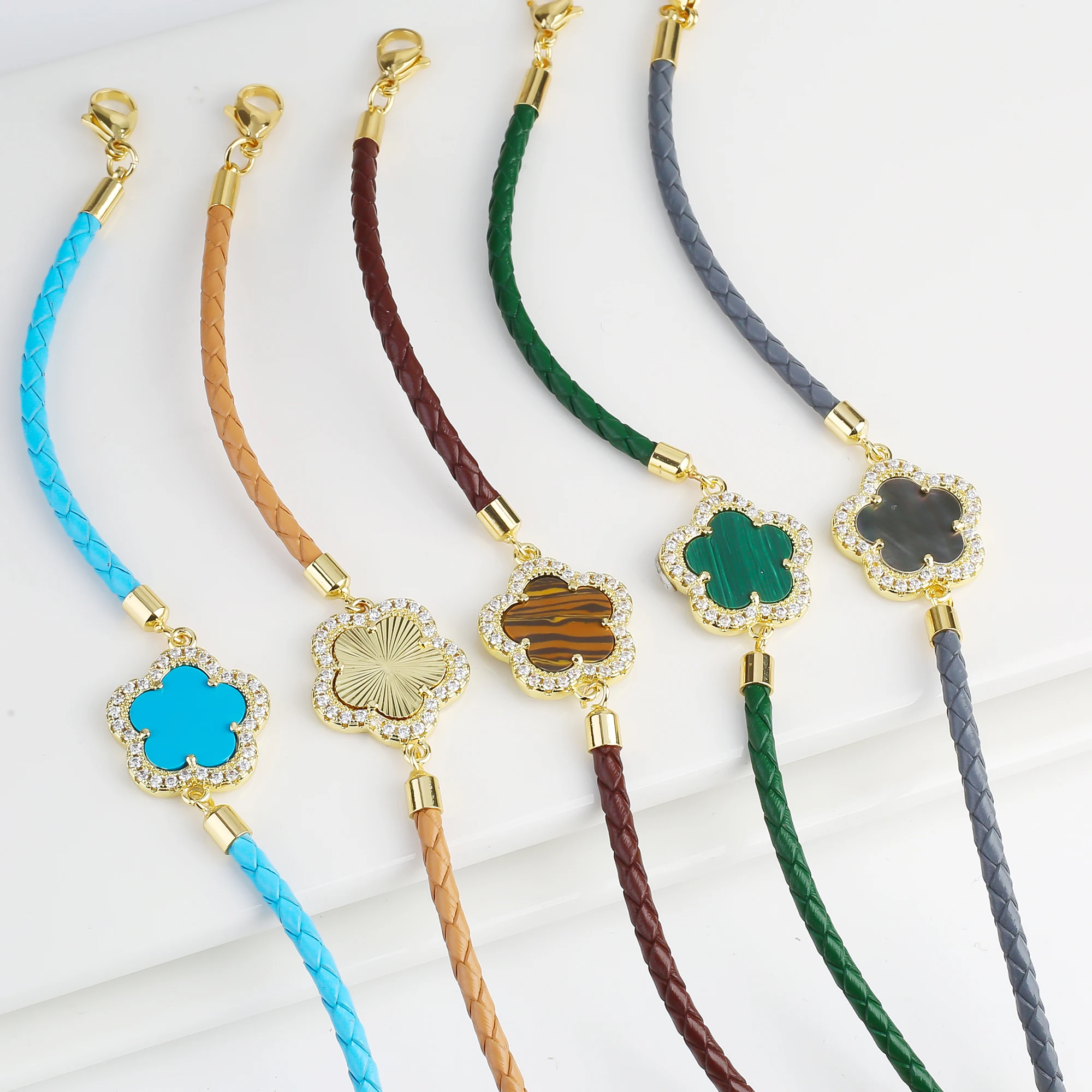 INS Hot Sale Shiny Zirconia Five-Leaf Flower Leather Adjustable Bracelet Classic Stone Plumeria Bracelet For Woman Jewelry Gift