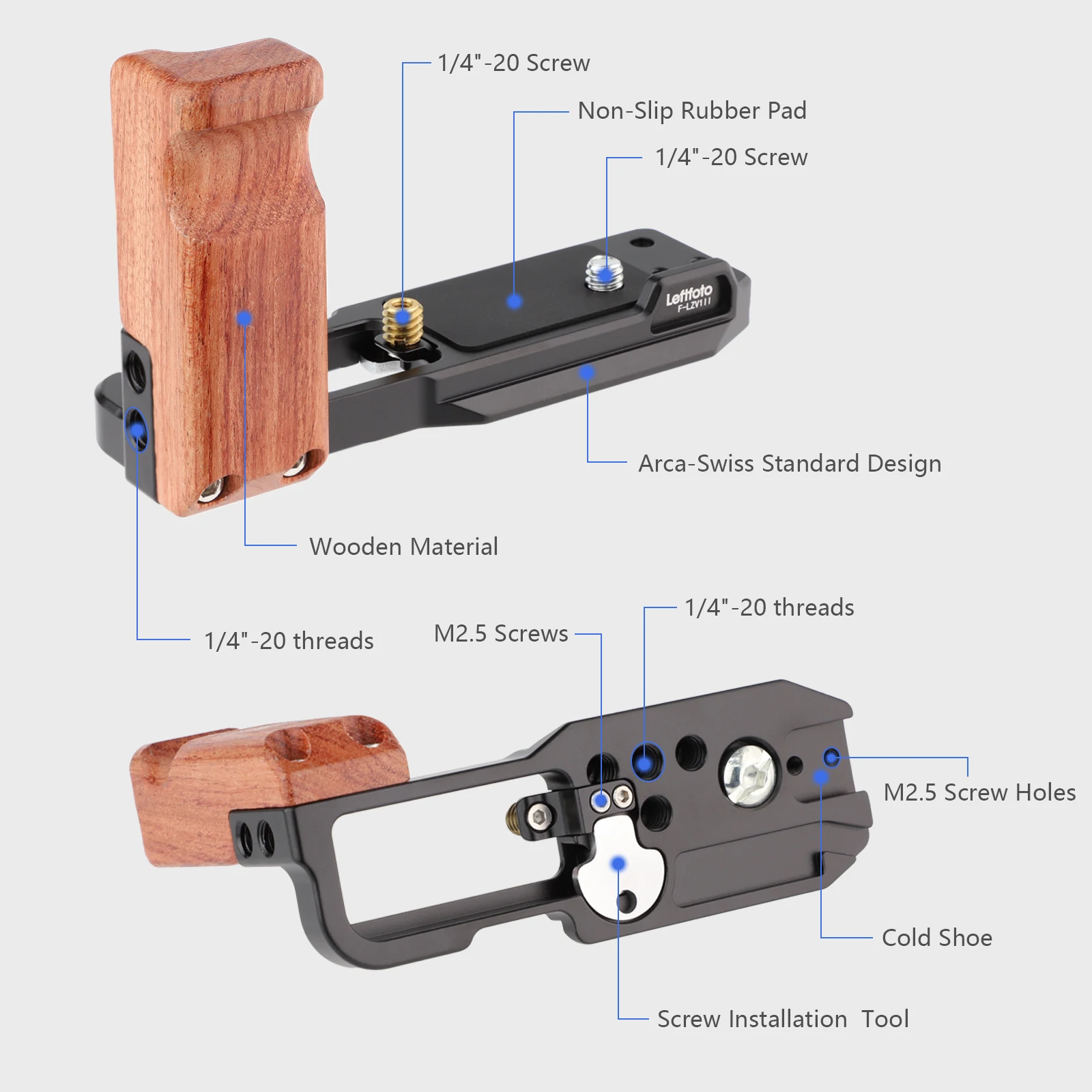 LEFTFOTO L Bracket Release Plate with Wooden Handle Grip for Sony ZV-1 II /ZV-1/ZV1F/ZV-1M2/ZV-1 Mark II Vlog Digital Camera
