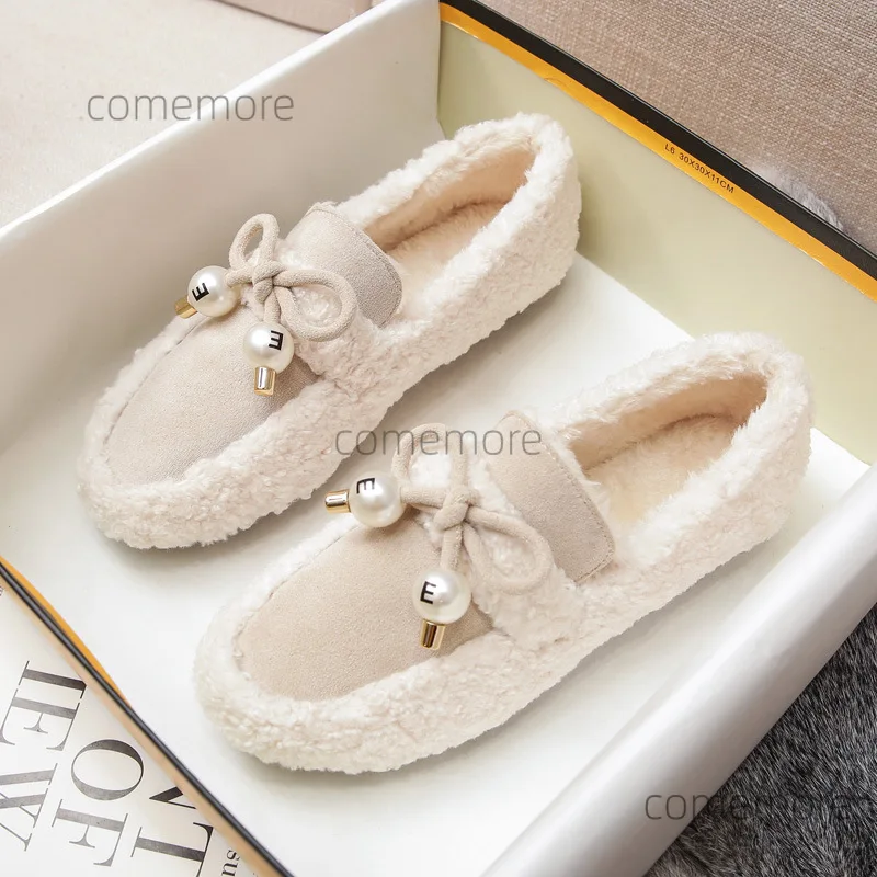 Plus Size 35- 43 Women Winter Loafers Fashion Warm Lamb Flats Shoes Plush Lining Pearl Bowknot Soft Sole Slip on Footwears