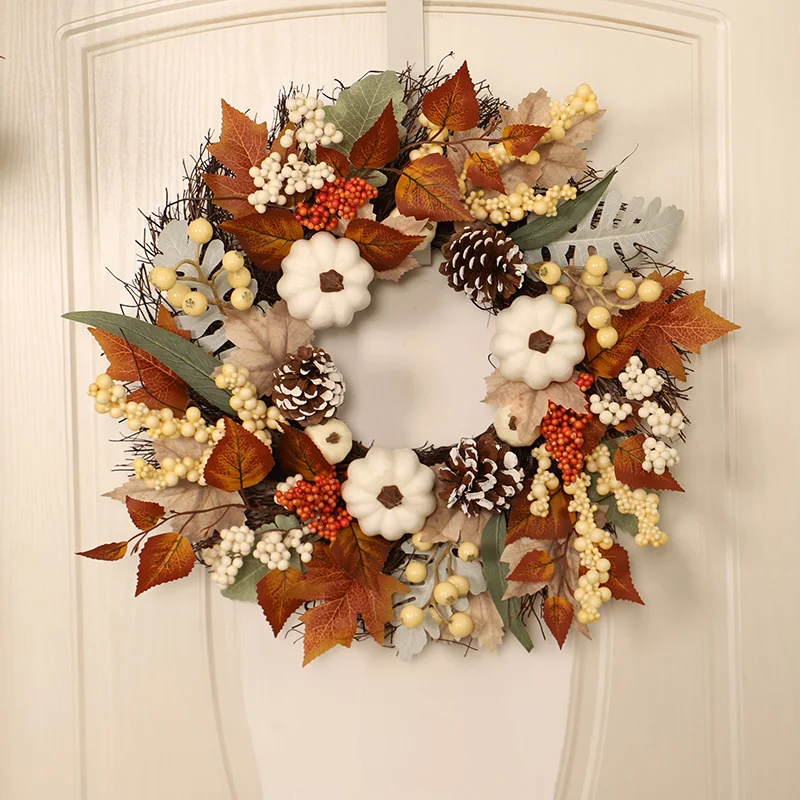 

Thanksgiving Autumn Decoration White Pumpkin Pine Fruit Berry Maple Leaf Sun Wreath Wreath Home Mall Interior Decoration