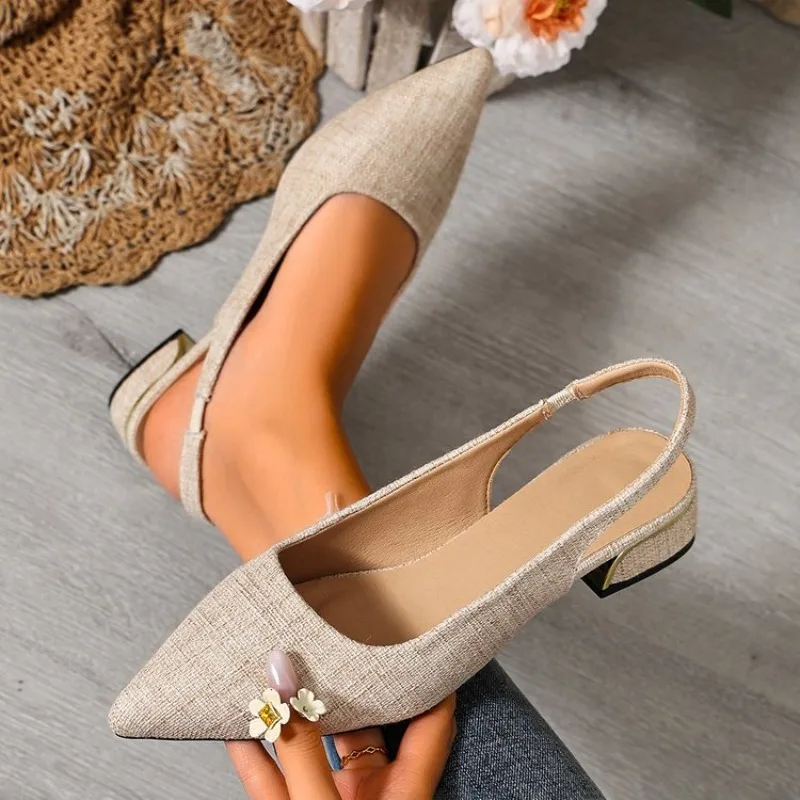 Women's Slingbacks Pointed Toe Low Heel Textured Upper Flower Decorated Elegant Pumps Casual Office Party Dress Footwear Items
