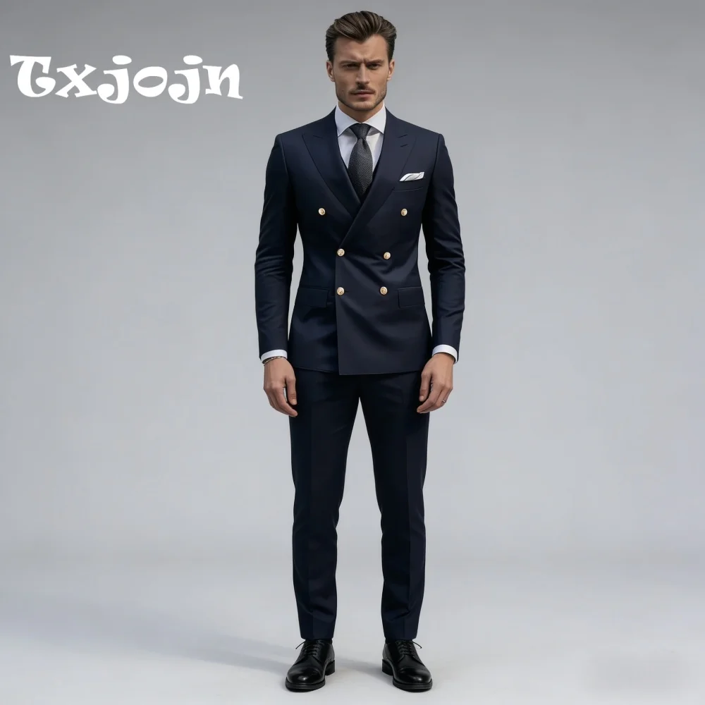 

Navy Peak Lapel Men Wedding Formal Double Breasted 2PCS Suit Groom Suit Set Includes Jacket Pants Wedding Occasion Customized
