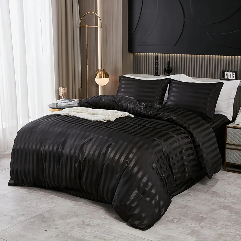 3-teiliges Set aus schlichtem und klassischem Satin-Bettwäsche-Set mit Streifenmuster, geeignet für Schlafzimmer, Studentenwohnheime und Hotels, ideal als Geschenk für die Feiertage. – Detail 7