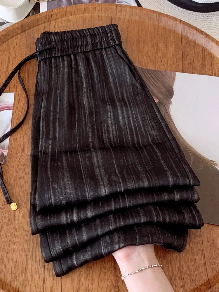 ハイウエストシルクシフォンストライプワイドレッグパンツ女性のカジュアルストレートシルクサテンルーズフィットフロアレングスパンツ夏