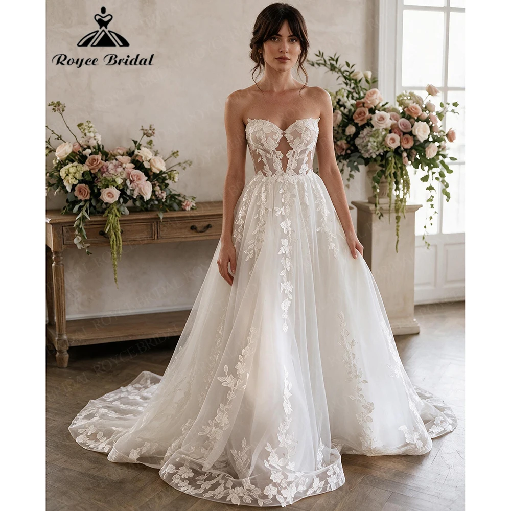 Roycebridal Elegant Strapless A Line Wedding Dresses 2027 Appliques Sexy Beach Bridal Gown Customized vestido de novia