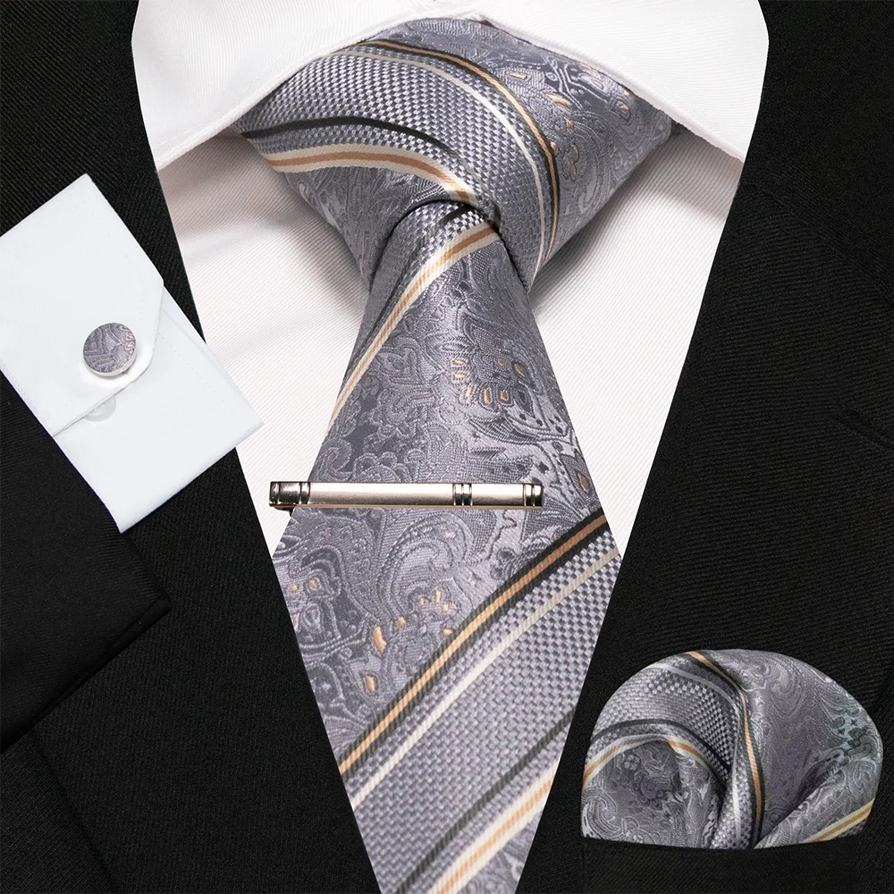 KAMBERFT Marineblau Gestreifte Seidenkrawatte für Herren, Modisches Design, Geschenkset mit Taschentuch und Manschettenknöpfen, Business-Party-Gravata – Detail 24