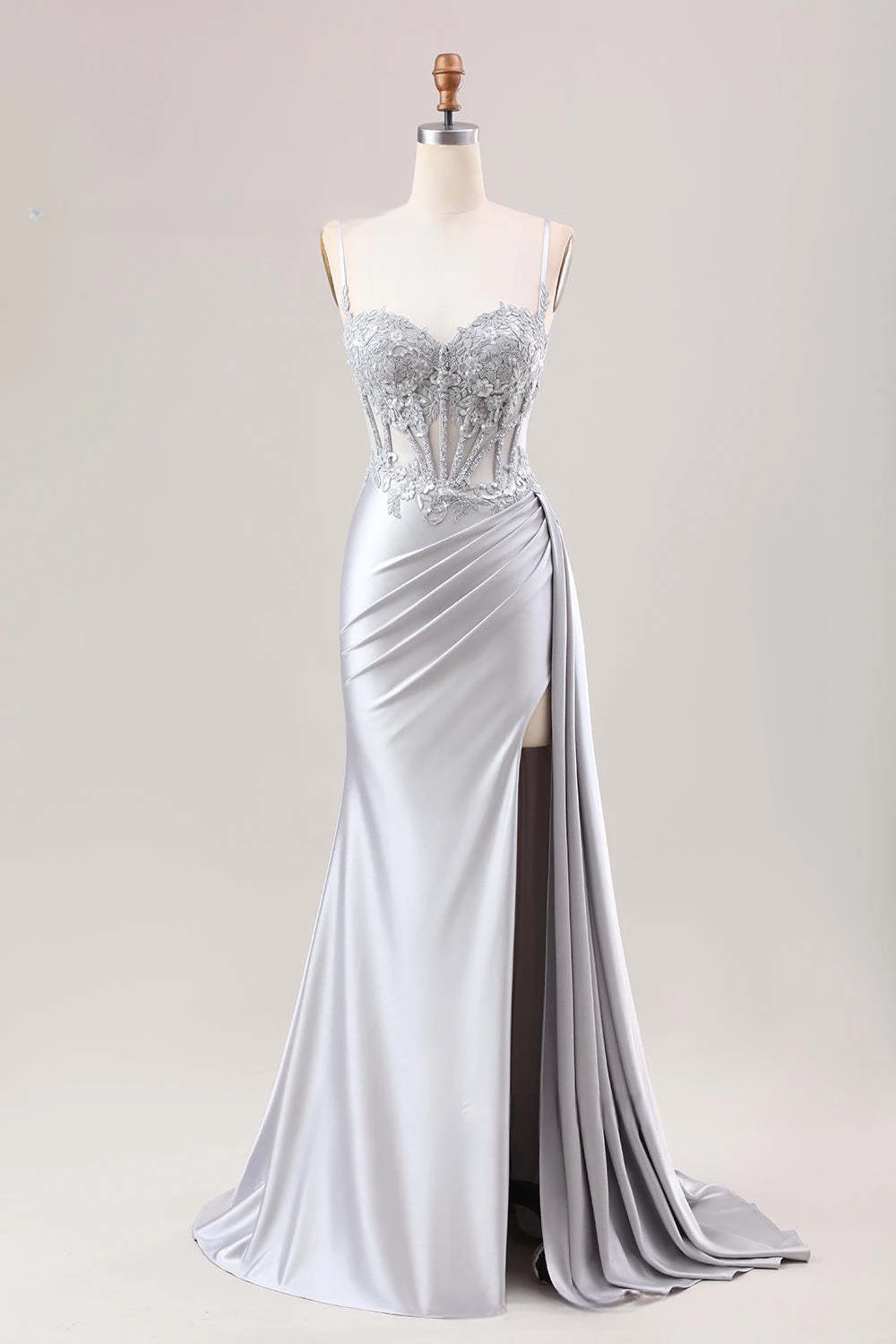 

Silver Gray Celebrity Dresses Spaghetti Strap Mermaid Applique Lace Side Split Floor Length Prom Formal Occasion Evening Gowns