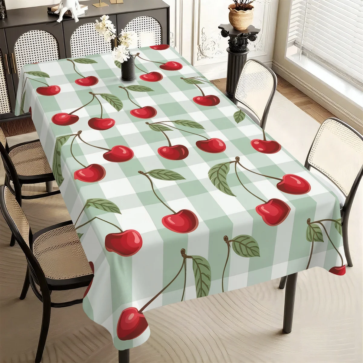 1pc Fresh Country Green And White Checkered Pattern With Red Cherry DesignFoldable And Easy To Store Polyester Tablecloth. Suita