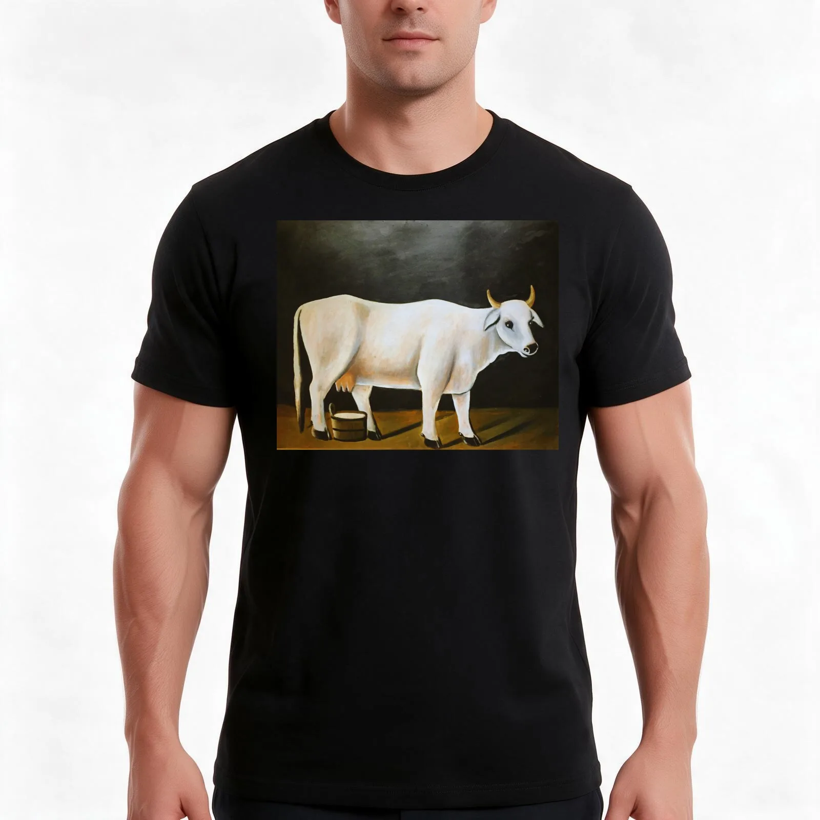White Cow on a Black Blackgroundby Niko Pirosmani,Naive Art T-Shirt, Summer Casual Cotton Tee, Oversized Streetwear Tops