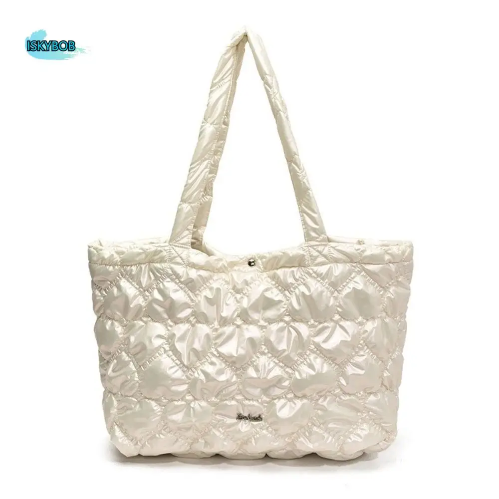 

Elegant Solid Color Puffy Tote Bag Large Capacity Korean Quilted Heart Bag Leisure Waterproof Women's Handbag Girls