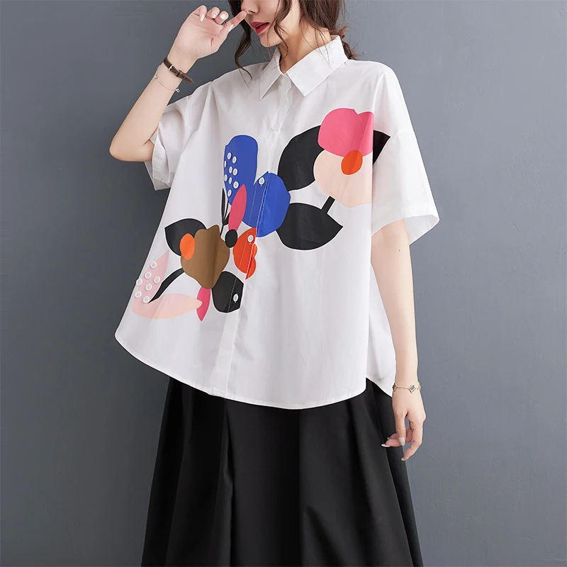 Faionable Contrast Color Print ort Sve Women's irt Loose Sli Summer Slimming irt Korean Sle Commute Wind
