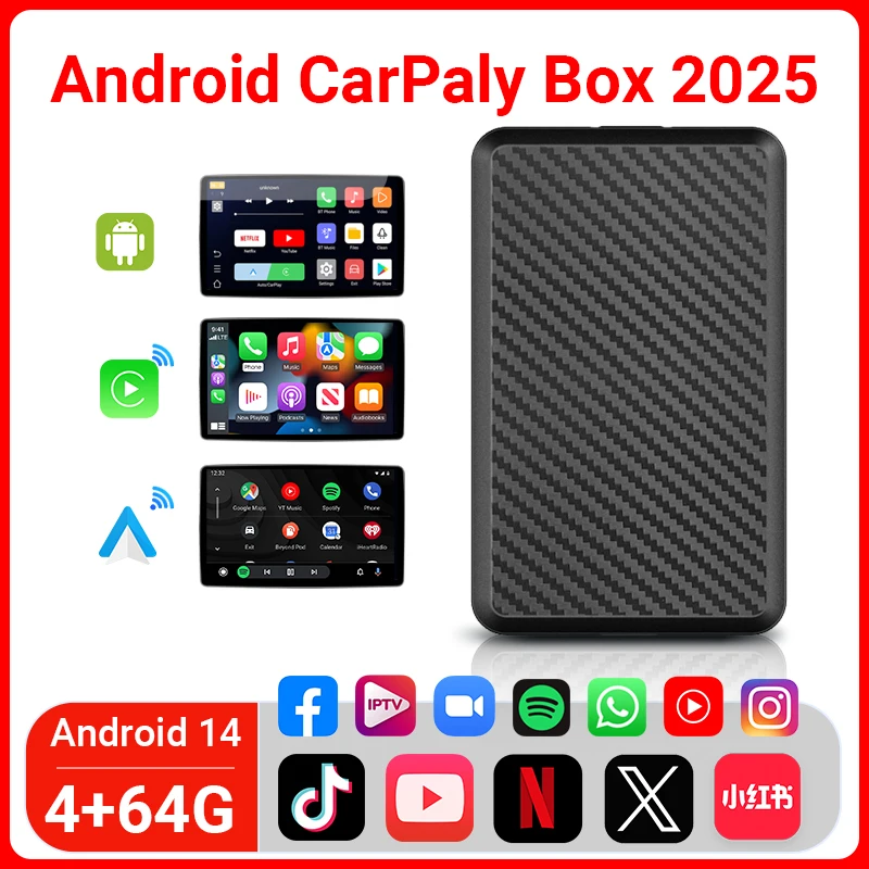 Android14 Wired to Wireless CarPlay Ai Box Android Auto 3in1 For Youtube Nexflit 4Cores 4G+64G Plug and Play For Audi Mazda Benz