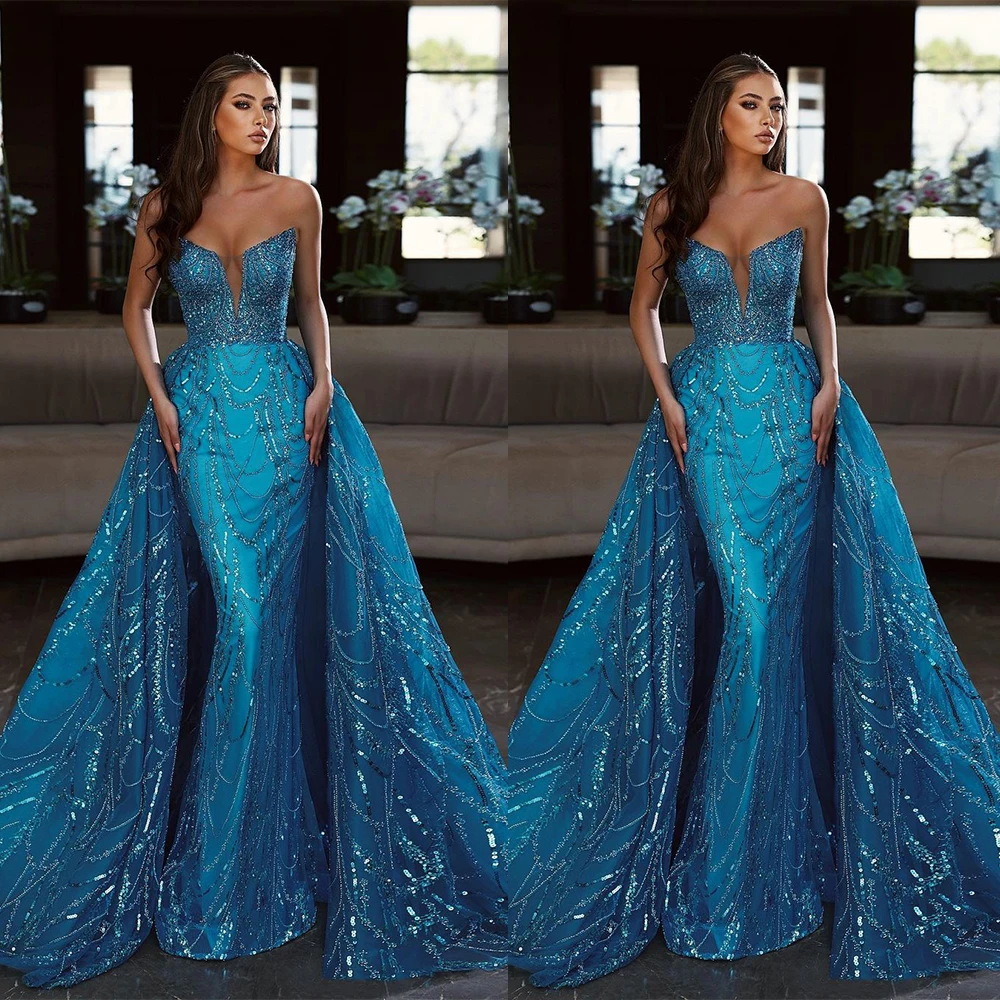 

Blue Sequined Mermaid Evening Dress Strapless Sleeveless Custom Made Women Party Gown Detachable Train Prom Robe