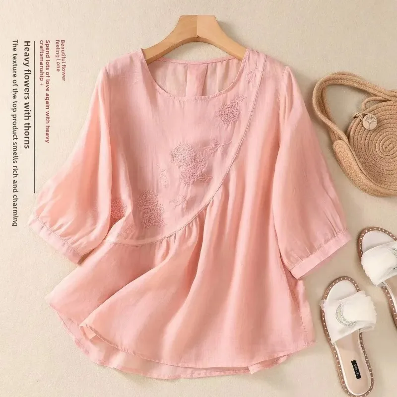 

2025 New Summer Solid Color Artistic Vintage Embroidery Cotton Linen Small Shirt Loose Fit Round Neck Pullover Top