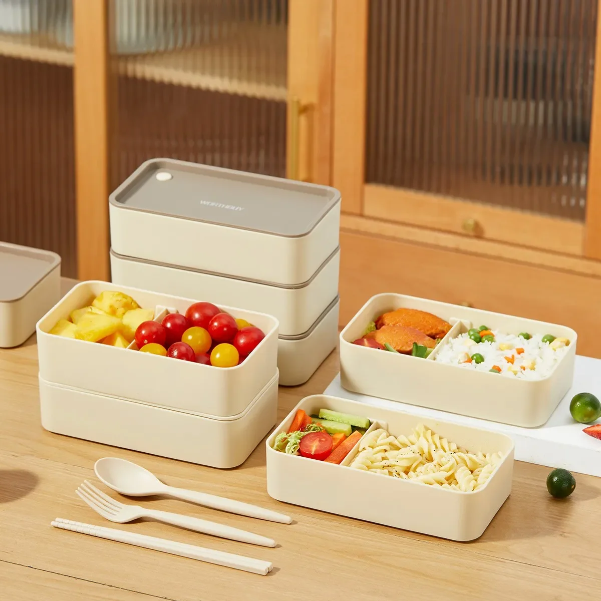Travel Portable Plastic Divided Bento Lunch Box Microwave Heatable Stackable Sealed Fruit Salad Food Container For Kids Students