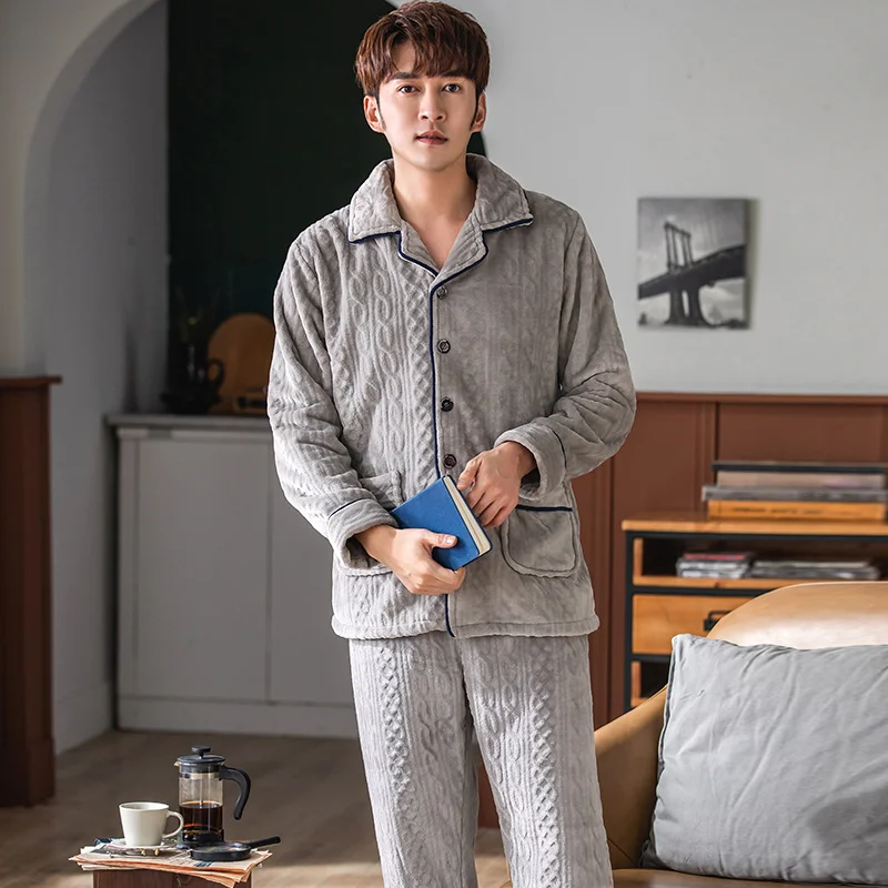 Winter Pajama Man Flannel Warm Home Clothes Coral Fleece Sleepwear Thick Warm Nightwear Large Size Button Cardigan Pyjamas Male