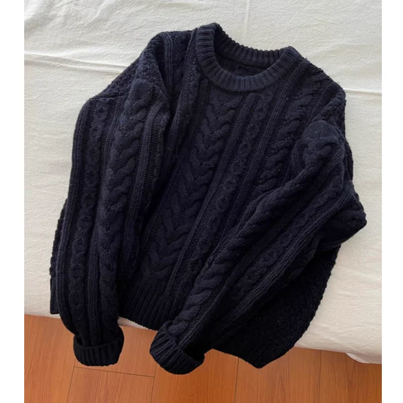 

Women's Clothing Navy Blue Knitting Sweater Long Sleeves Cashmere Vintage Casual Korean Fashion Baggy Ladies Spring Tops