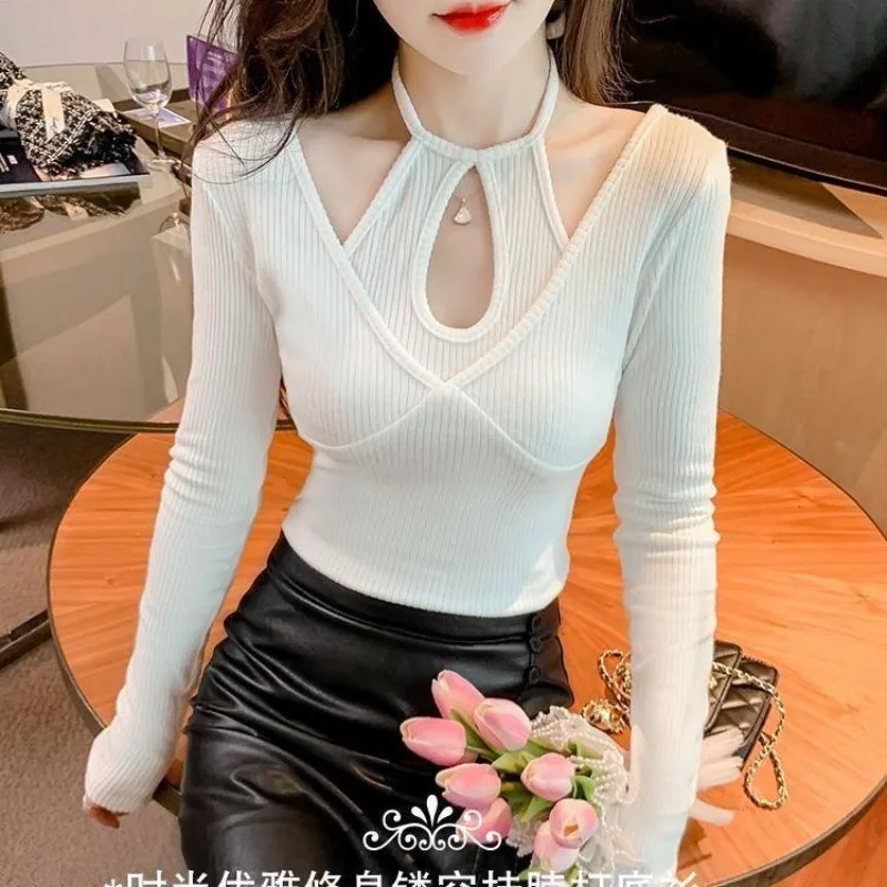 

Women Autumn Casual Simplicity Solid Color Halter Long Sleeve T-Shirt Women Clothes Fashion Trend Sexy Elegant Temperament Tops