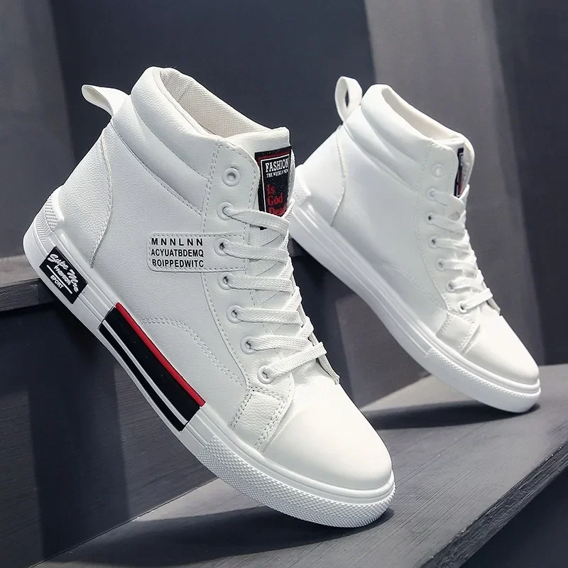 

2024New Men's Shoes Fashion Leather Casual Shoes High Top Sneakers Lace Up Training Shoes for Men Non Slip Flats Tenis Masculino