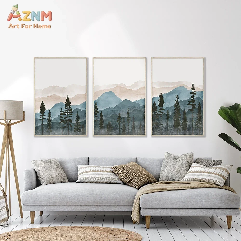 AZNM Watercolor Misty Mountain Pine Forest Canvas Wall Art Neutral Blue Green Wilderness Landscape Unframed Canvas Print Modern