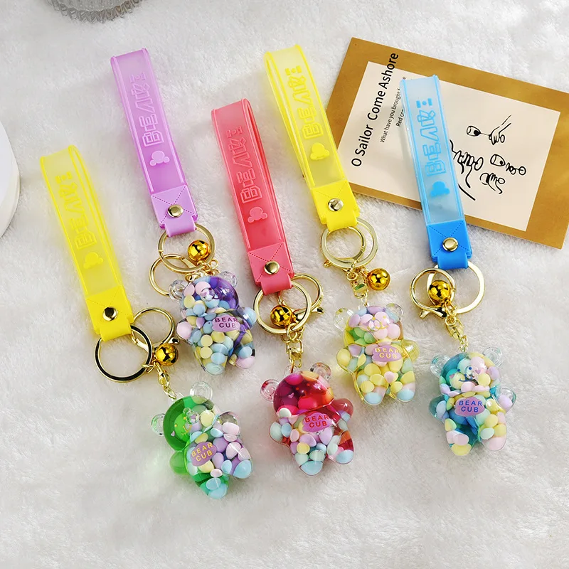 Cartoon Into Oild Bear Cup Keychain For Girl Bag Pendant Cute Floating Liquid Keyring Couple Car Key Chains Charm Gift