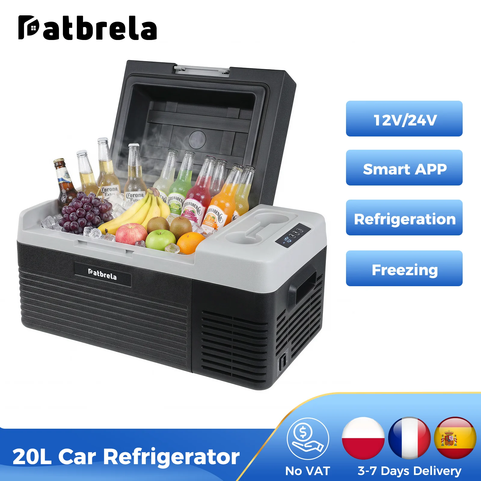 Refrigerador Portátil para Auto Patbrela de 20L, Nevera con Compresor de 12V, 12/24V DC, 100-240V AC, Enfriador Portátil para Viajes y Campamentos con APP