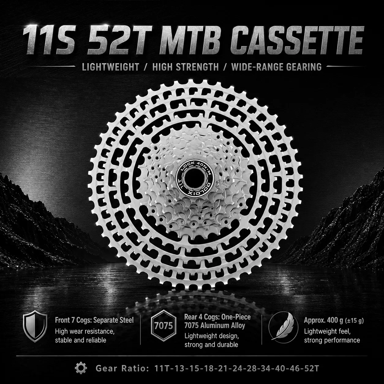 GOLDIX Ultraleichte Mountainbike-Kassette 10/11/12-fach HG-Struktur Fahrrad-Freilauf 46/50/52T Kompatibel mit SHIMANO-Schaltung – Detail 15