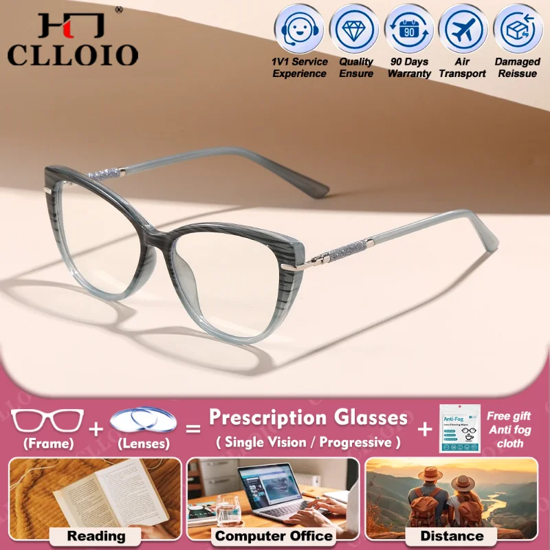 

CLLOIO Currents Women Cat Eye Myopia Photochromic Computer Glasses Anti Blue Light Progressive Eyeglasses With Prescription Lens