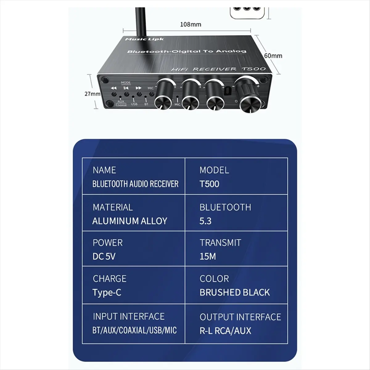 

A23G DAC Bluetooth 5.3 Аудиоприемник Цифро-аналоговый преобразователь 3,5 мм AUX/RCA/коаксиальный/USB U-Disk Беспроводной адаптер для караоке