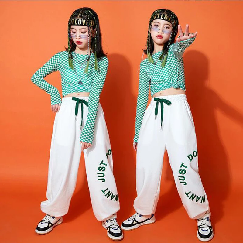 Kids Concert Outfits Hip Hop Clothing Checkered T Shirt Casual Streetwear Sweat Jogger Pants for Girl Jazz Dance Costume Clothes