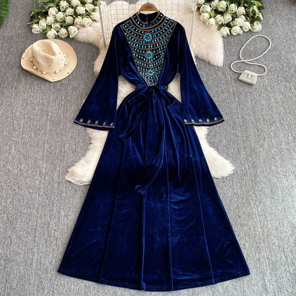 Long Flare Sleeve Dresses a Line French Chic Half High Collar Velvet Dress
