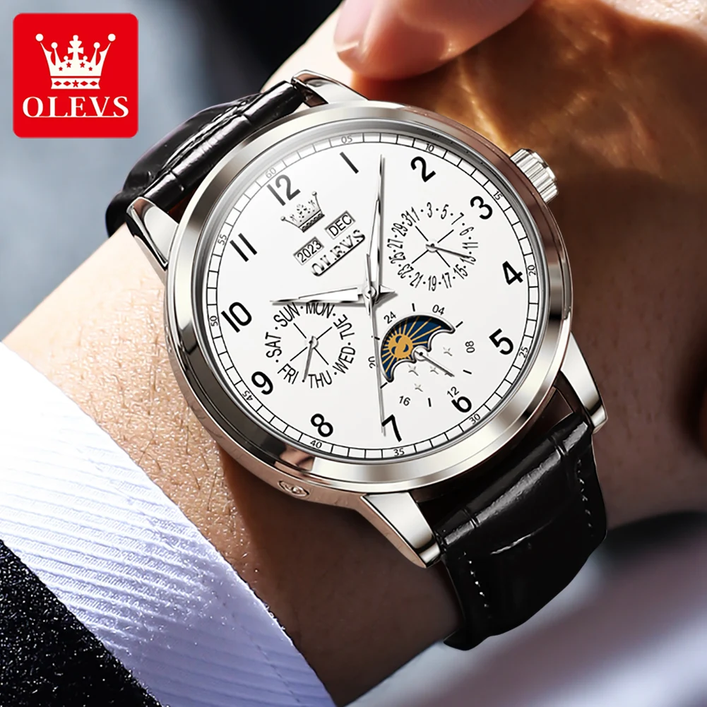 OLEVS Luxury Brand Men\'s Watches Moon Phase Dual Calendar Leather Strap Business Formal Automatic Mechanical Watch for Men 2024