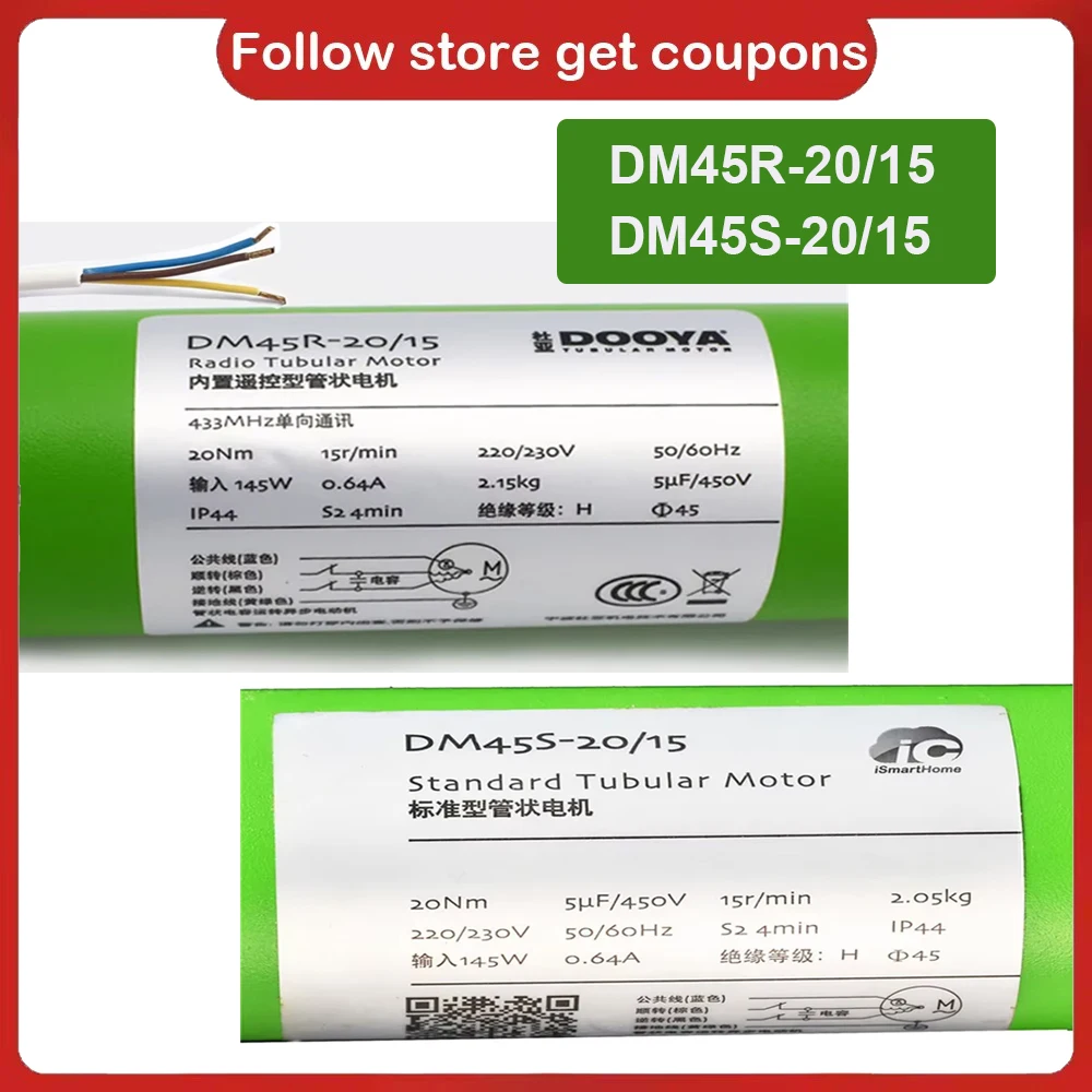 Dooya Original Smart Electric Rolling Tubular Motor DM45R/DM45S 20/15 RF433MHz 3-Wire 4-Wire for Rolling Blinds Home Improvement