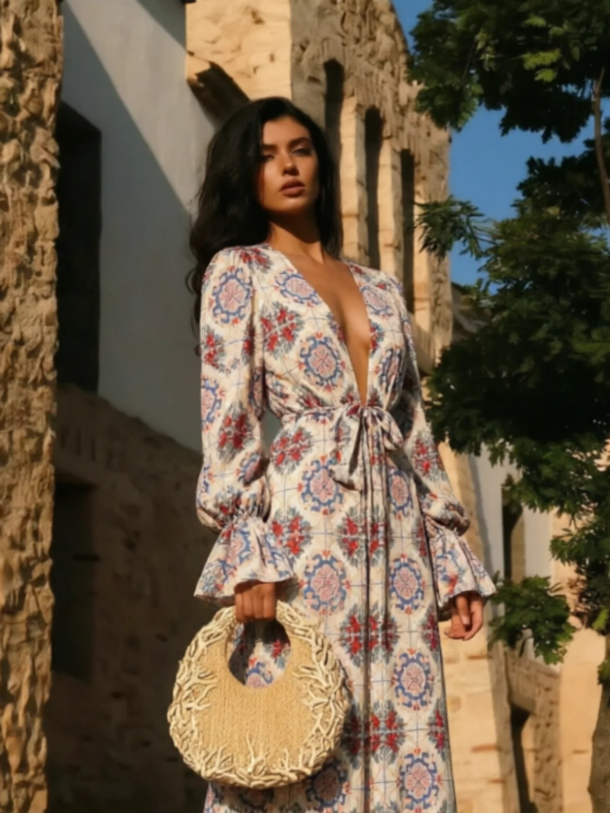 Fashion Printed Bell Sleeves Swimsuit Cover Up Women Swimwear Luxury Lady Deep V-Neck Bathing Suit Mujer Vacation Beach Clothing