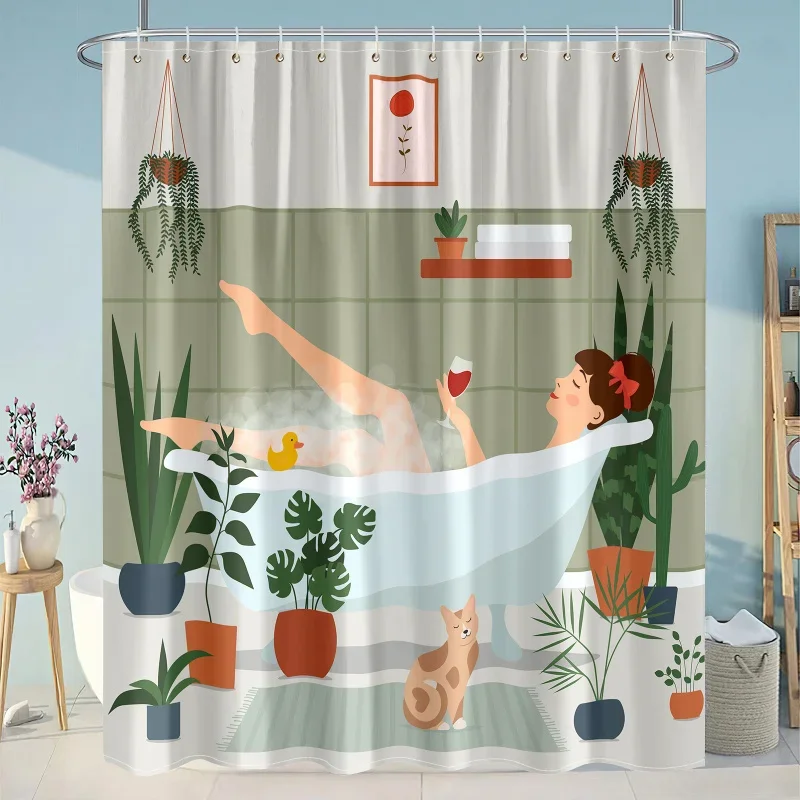 1pc Girl Takes A Printing Shower For , Woman Relax Enjoy A Bath Curtain, Elegant Bathroom Decor, Water