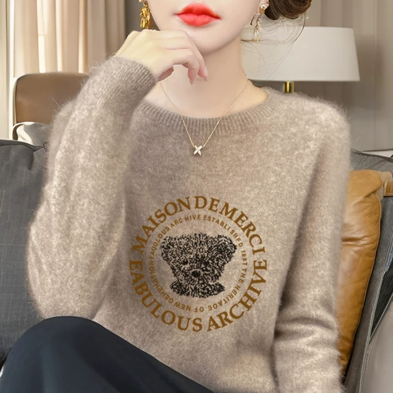 

2025 Autumn/Winter Women's New Cashmere O-neck 100% Cashmere Hoodie Women's Casual Printed Long Sleeve Top