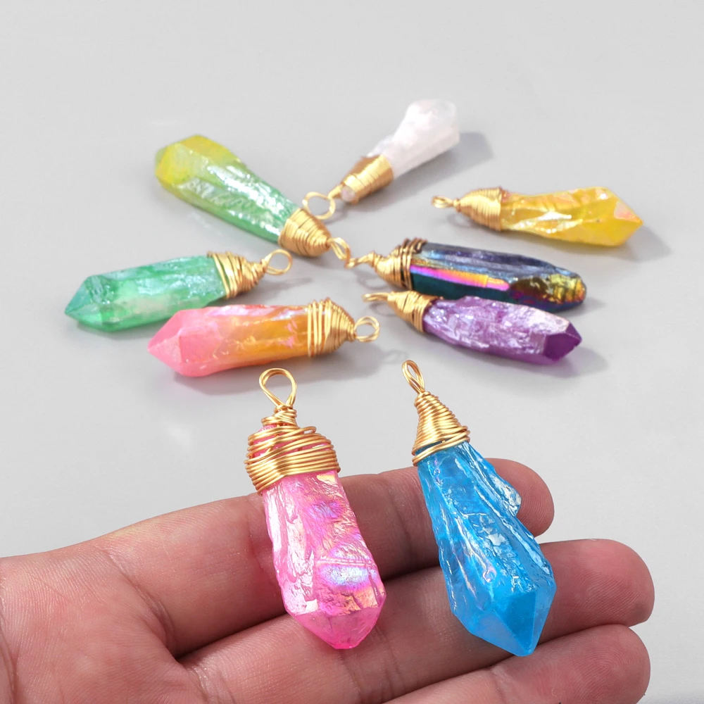 1pc zufällige galvani sierte Quarz punkt Anhänger unregelmäßige Form Draht gewickelt Kristall Charms DIY Halskette Ohrring Schmuck Zubehör