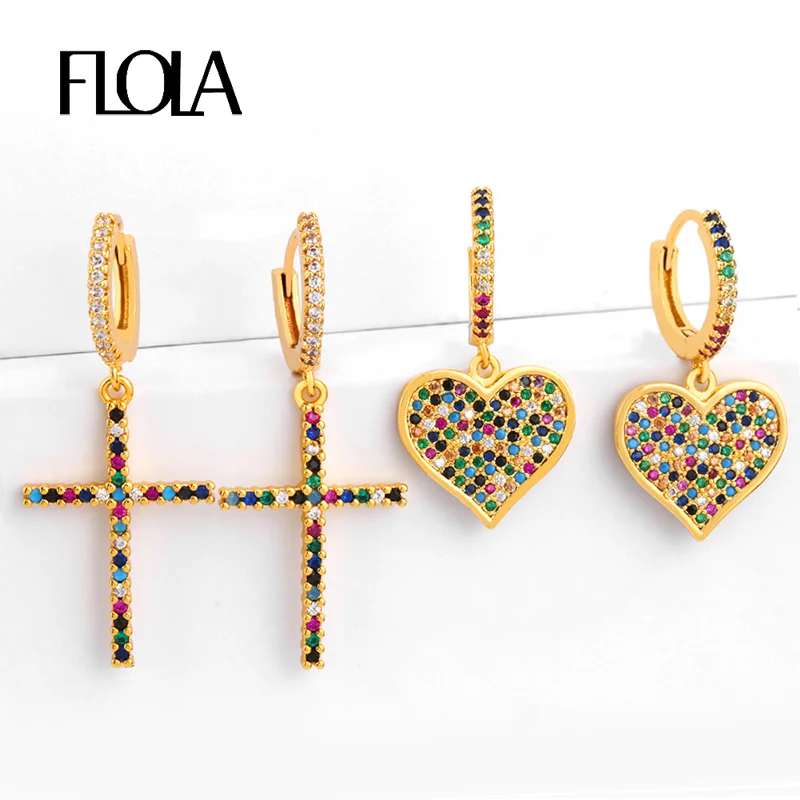 FLOLA Gold Plated Hoops Rainbow Cross Earrings for Women Copper Zircon Heart Earrings Crystal Jewelry pendientes arcoiris ersr30