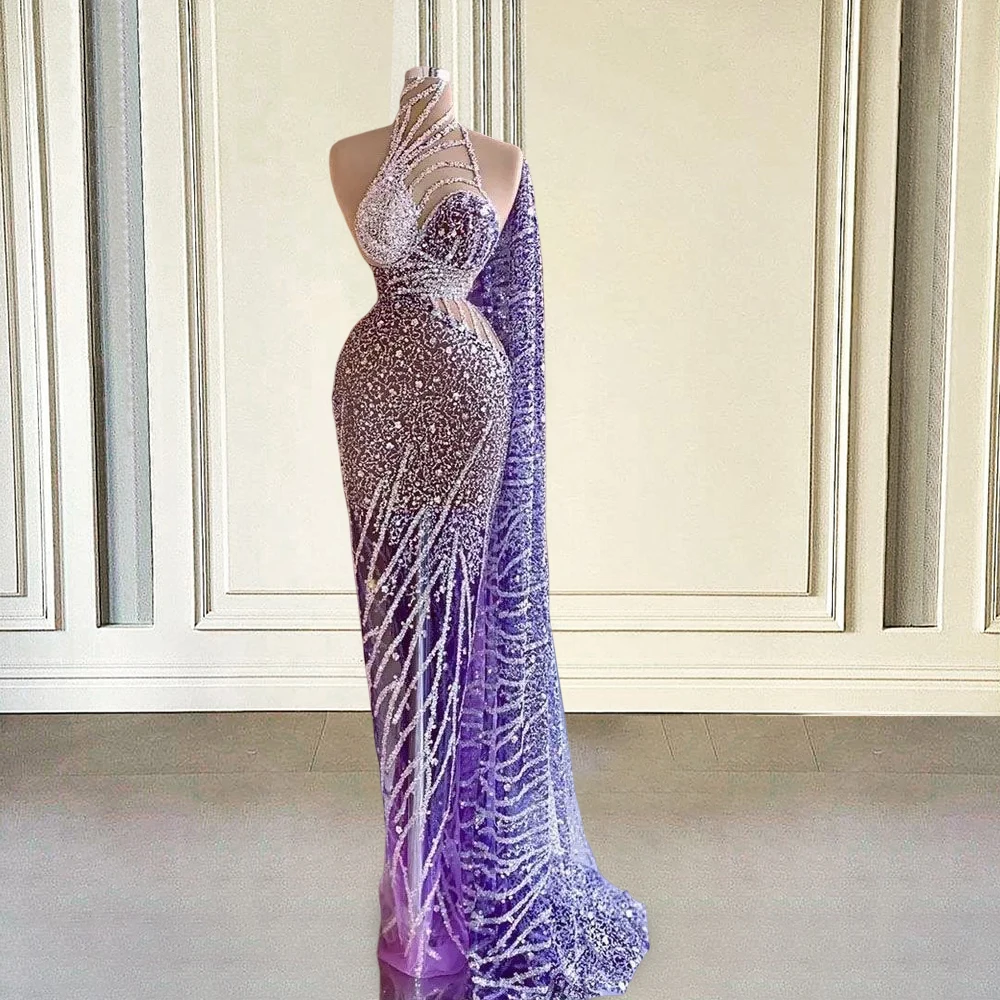Beaded Lace Evening Dresses Long Luxury Mermaid Beads High Neck Cape Sexy Arabic Dubai Prom Gowns Special Occasions Customized