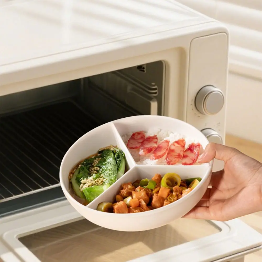 3 Compartments Grid-shaped Dinner Plate Round Ceramic Divided Food Tray Silicone Lid Large Capacity Snack Serving Platter