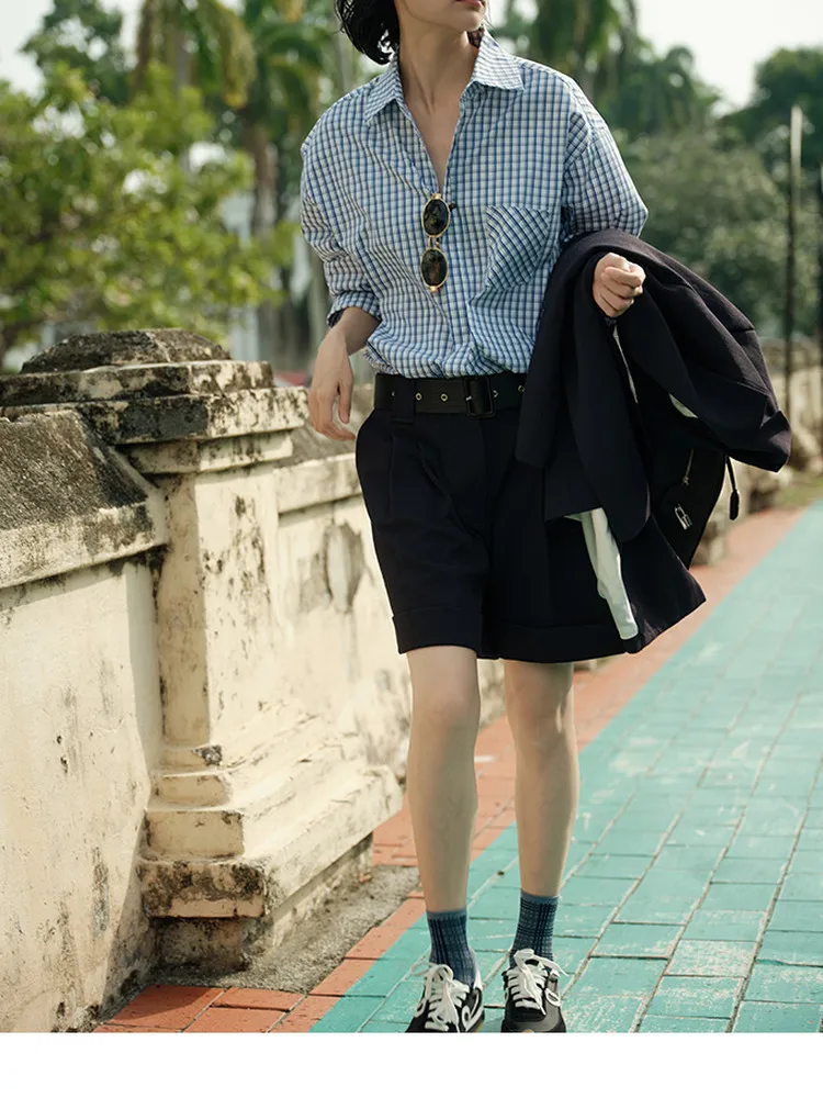 

Yvone Liu Casual High Waist Comfortable Wide Leg Bermuda Shorts Stylish Slimming Shape British Style Commute Pure Color Polye...
