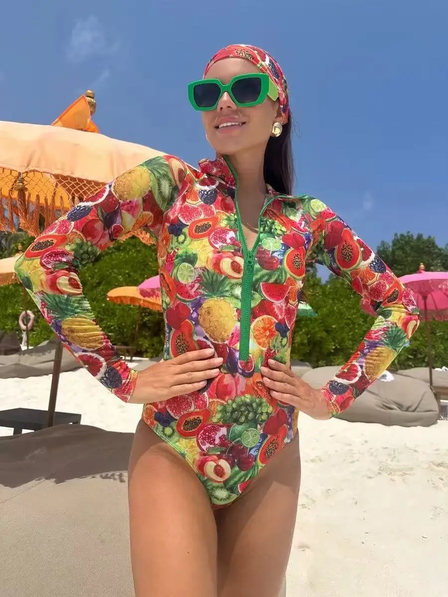 2026 New Sexy Print One Piece Swimsuit Women Swimwear Monokini Long Sleeve Bathing Suit Female Bodysuit Surfing Swim Wear Beach