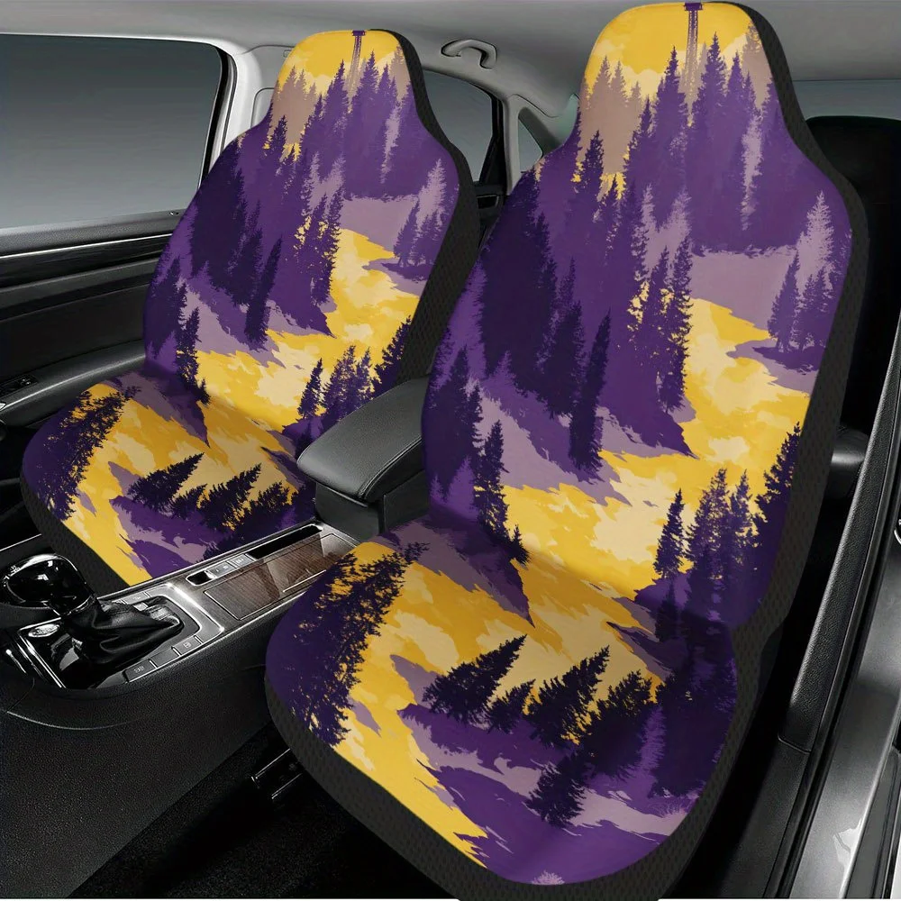 2pcs Sunset Pine Forest Design Universal Car Seat Cover Set For Most Cars – Trendy, High-Quality, Durable Protector, Universal F