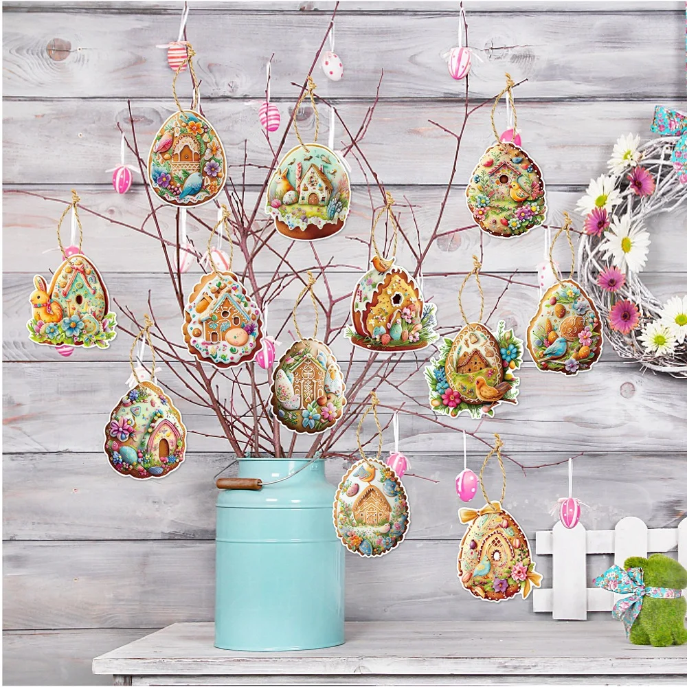 12pcs Easter Cartoon Rabbit Paperboard Hanging Tag Easter Egg Cute Bunny Chick Tree Pendant Happy Easter Party Decor for Home