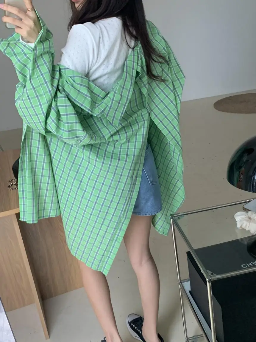 Plaid da donna irt Colletto vintage Sciolto Lazy Sle Dimagrante Versatile Protezione solare Bottone superiore Ba Cravatta Spacchi laterali