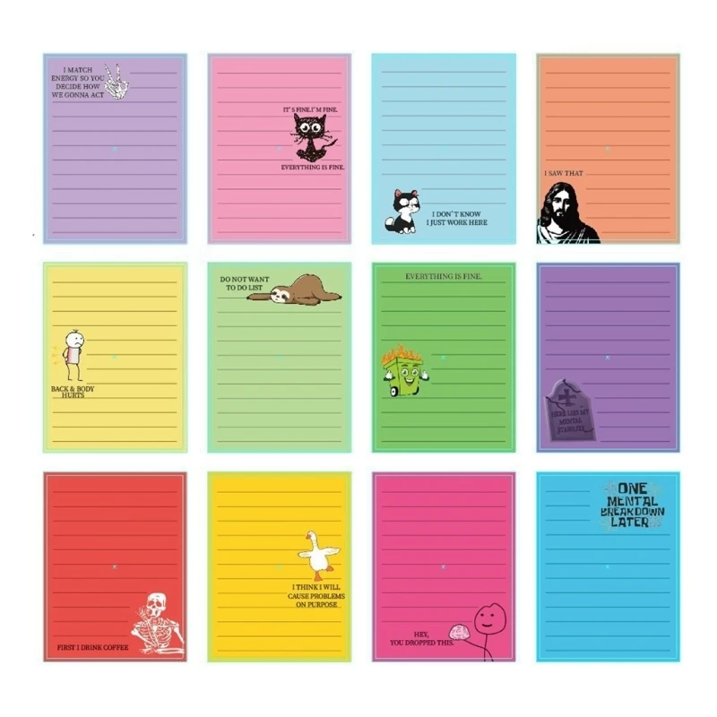 Assorted Lined Writing Paper, Set of 12 with Illustrated Motifs for Organized Messages, Office Reminders, Home Lists, and D2RC