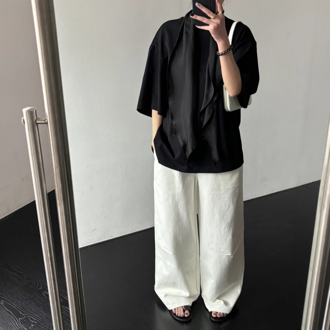 Early Spring High-end Elegant Exquisite Streamer Scarf Short-sleeved T-shirt