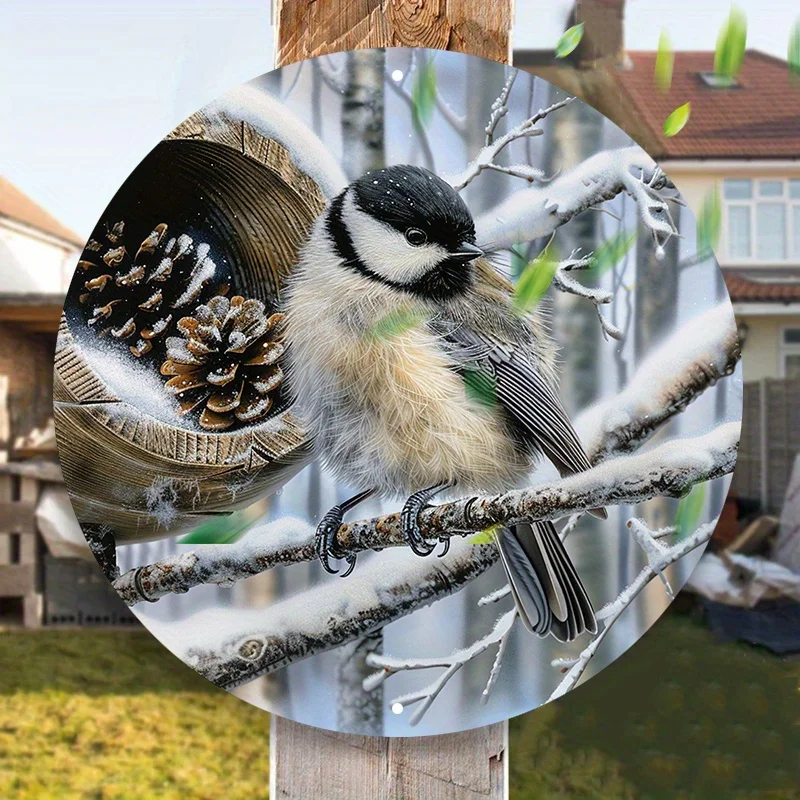 Chickadee-Vogel- und Tannenzapfen-Wandkunst, 1 Stück 20,3 cm rundes Metallschild, wasserdichte Outdoor-Hängedekoration, hochauflösender Druck, Fade-Re
