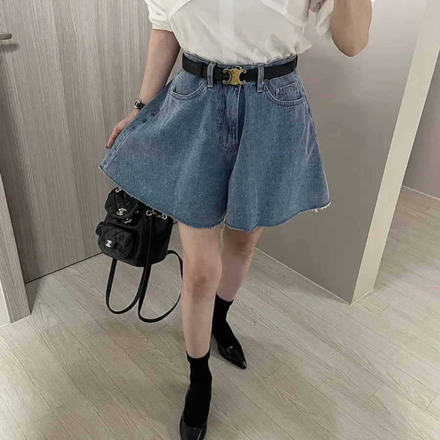 High Waist Cuffed Hem Denim Shorts Two Tone Washed Summer Versatile Casual Wide Leg Pants Standard Fit Cotton 100% Shorts